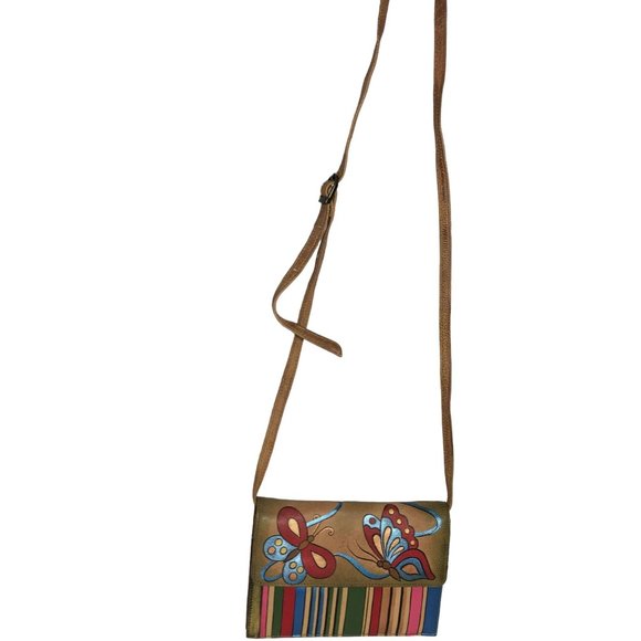 Anuschka NEVER USED Handpainted Leather Cross Body Butterfly Stripes - Picture 3 of 14